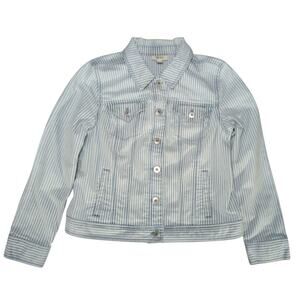 Style & Co Womens Denim Jacket Medium Blue White Stripe Button Front Casual